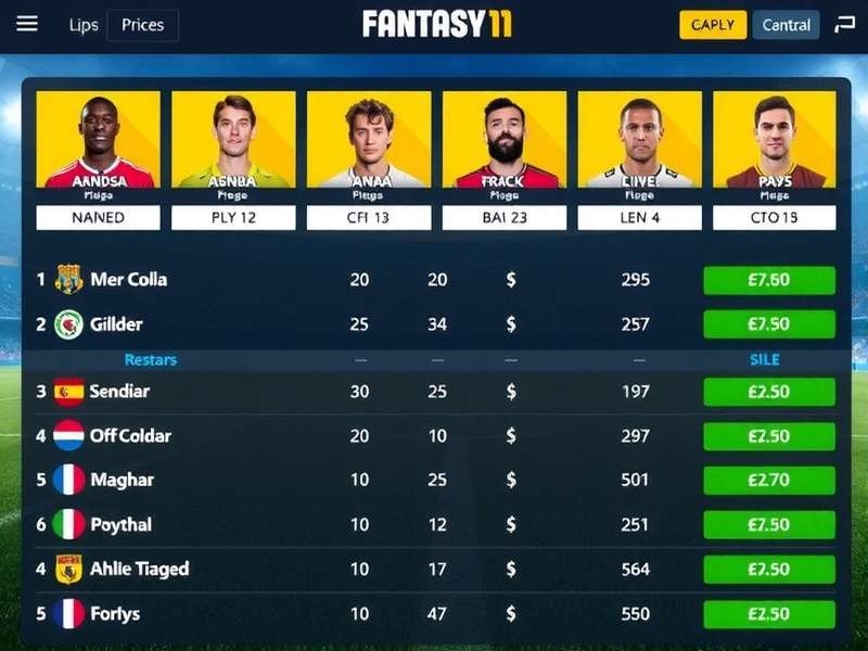 Football Fantasy11 team selection screen showing player prices and positions